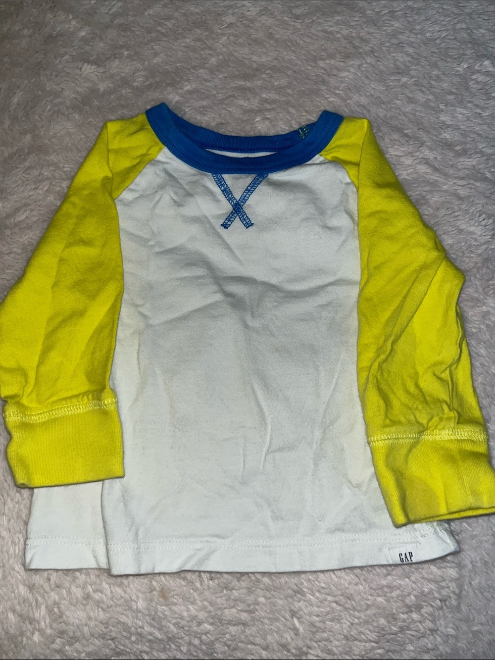 GAP White Tee with Yellow Raglan Sleeves and Blue Neck Trim